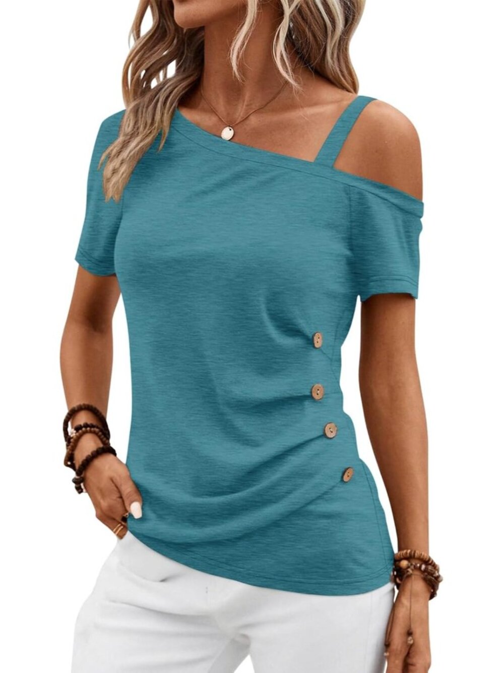 〽️ Women's Teal Short Sleeve Off Shoulder Asymmetrical Button Ruched Blouses Top